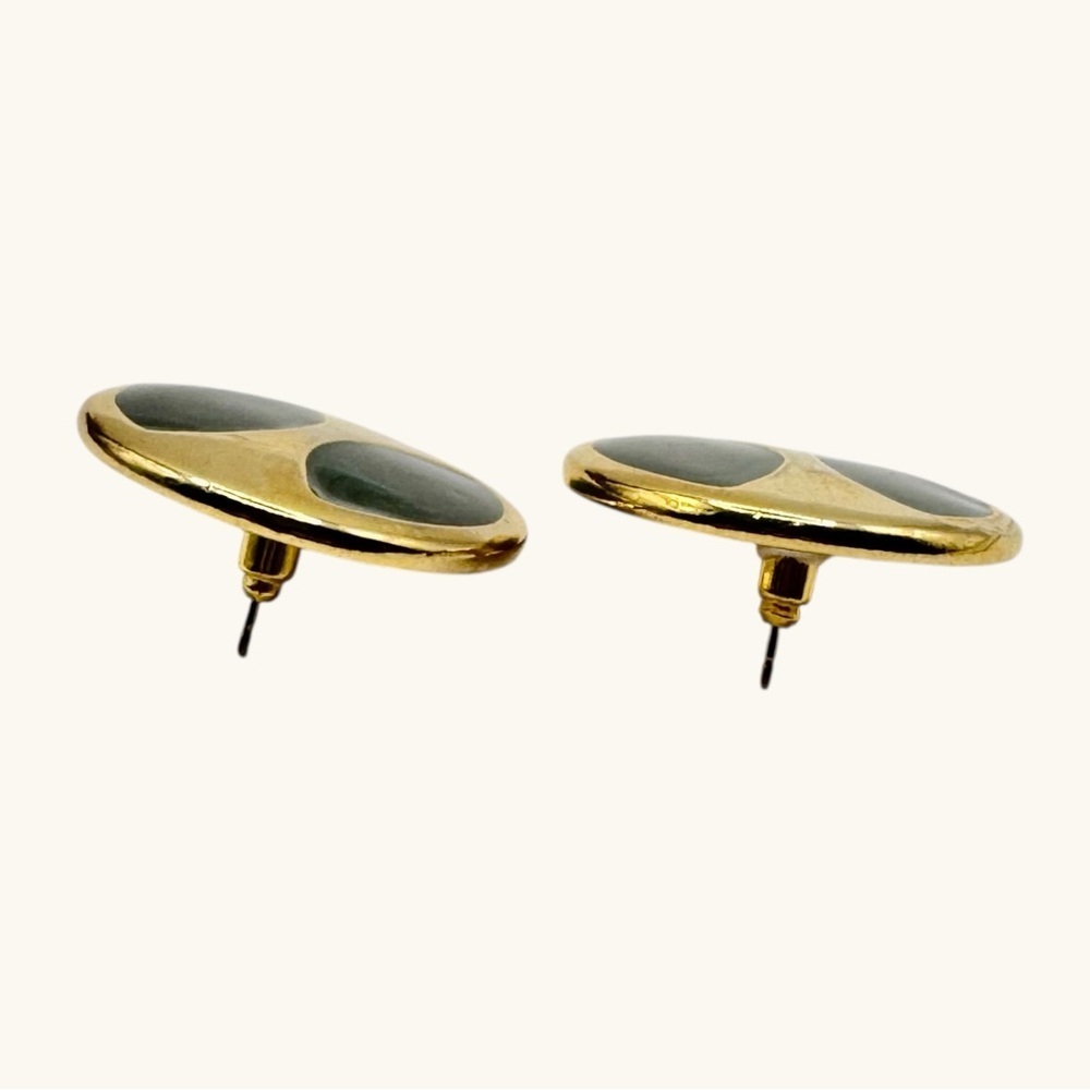 Vintage Green Enamel Gold Tone Round Stud Earrings | Retro Modern - Picture 5 of 8